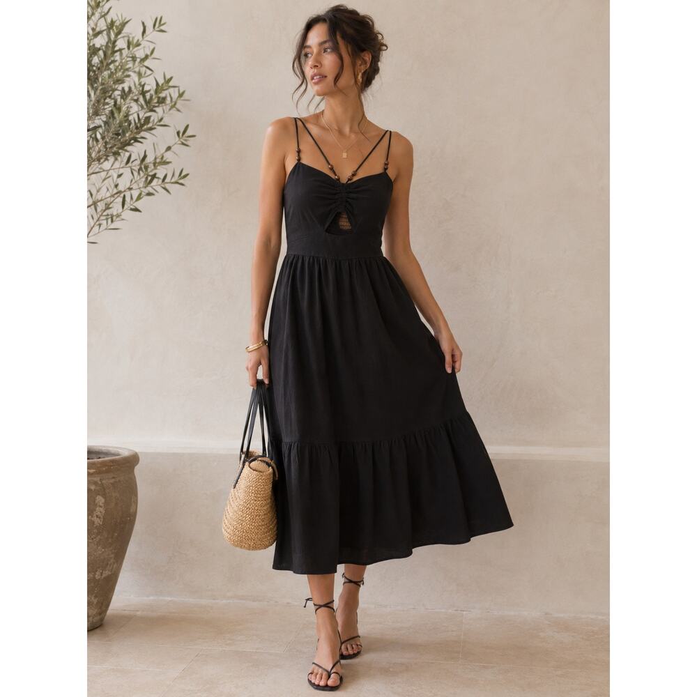 Jason Wu Black Linen Blend Strappy Boho Midi Dress - Size S - Picture 2 of 10